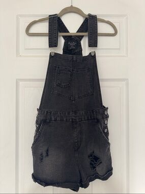 Black Distressed Denim Short Overalls
